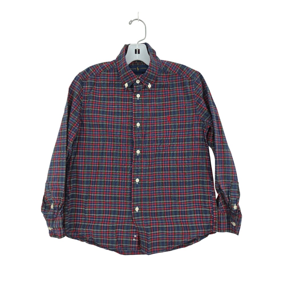 Ralph Lauren Boys Size 7 Plaid Button Down Shirt Navy Red Green Long Sleeve Pony